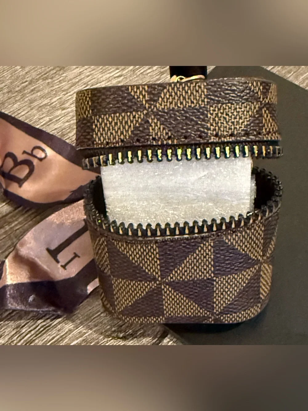 Keychain Backpack Mini Bag Charm Small Lipstick Pouch Brown W Silk Like Scarf